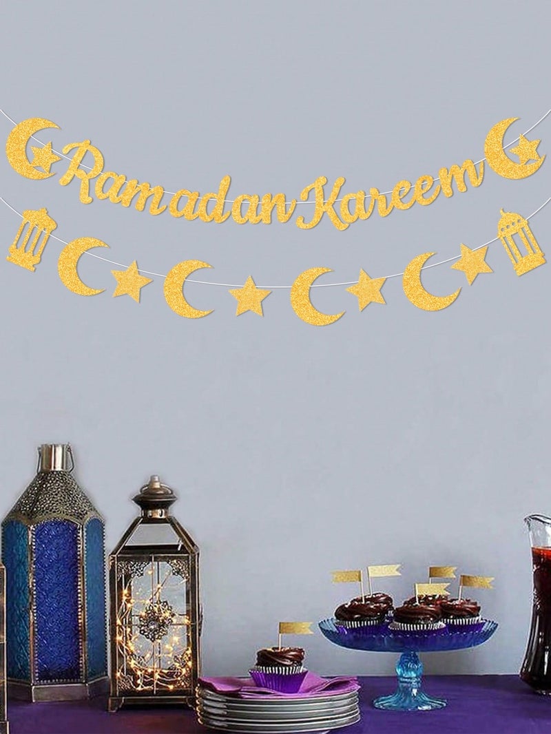 زينه رمضان لافتة بعبارة رمضان كريم ورقية باللون الذهبي مع هلال ونجوم- زينه احتفال بشهر رمضان - Image 3